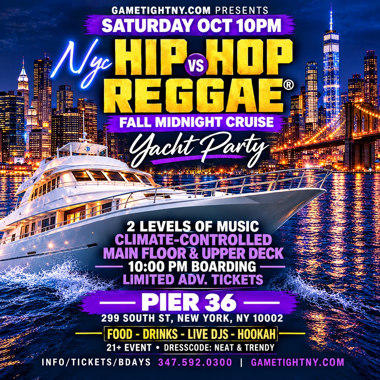 NYC HIP HOP VS REGGAE Saturday Midnight Yacht Party Cruise at Pier 36 — event image